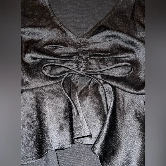All in Favor Tie Front Satin Peplum Top in Black - Picture 7 of 10